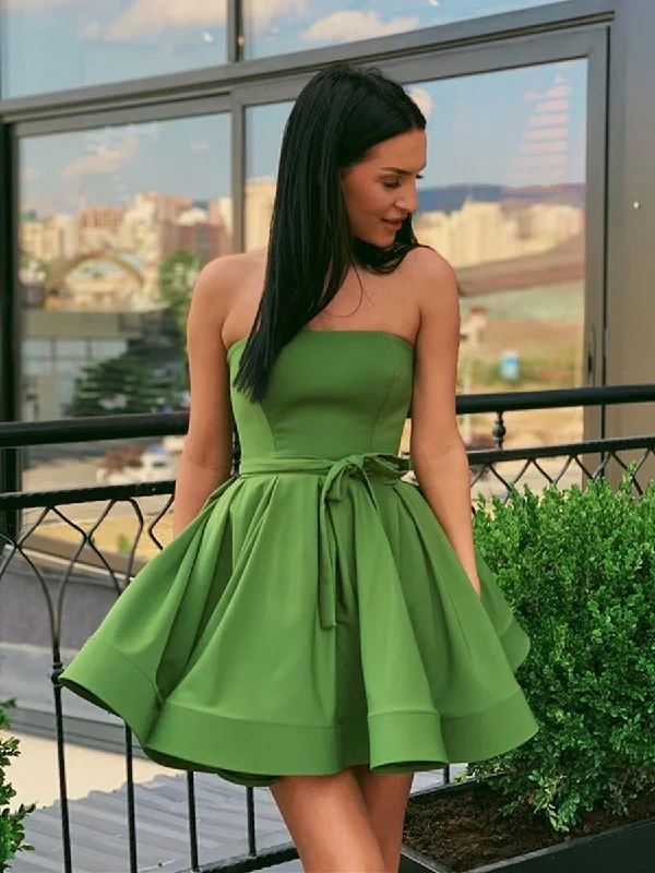 sustainable party dressesCute Strapless Green Short Prom Dresses Homecoming Dresses, Strapless Green Formal Graduation Evening Dresses