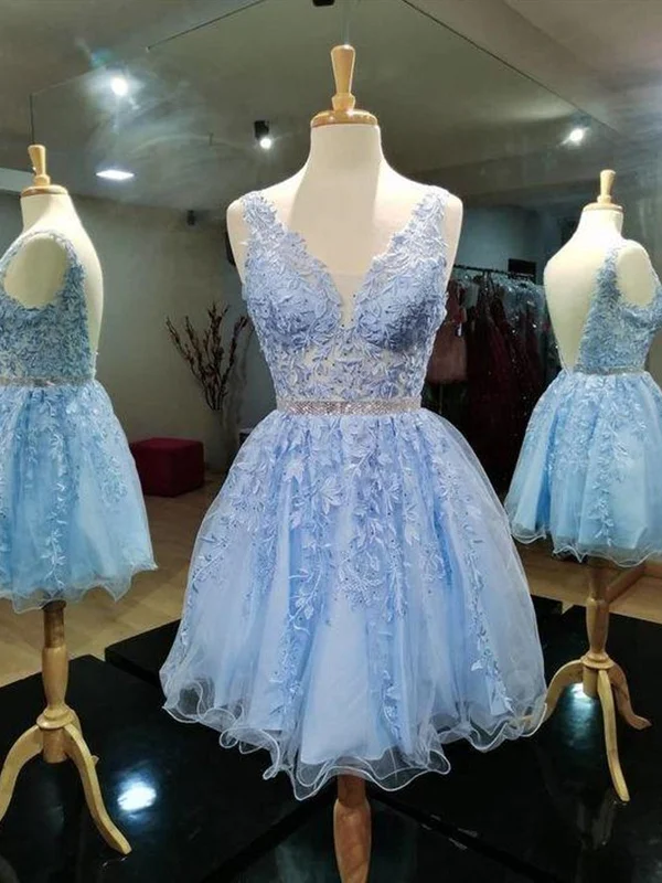 petite party dressesV Neck Open Back Light Blue Lace Prom Dresses, Backless Light Blue Lace Homecoming Dresses, Short Light Blue Lace Formal Evening Dresses