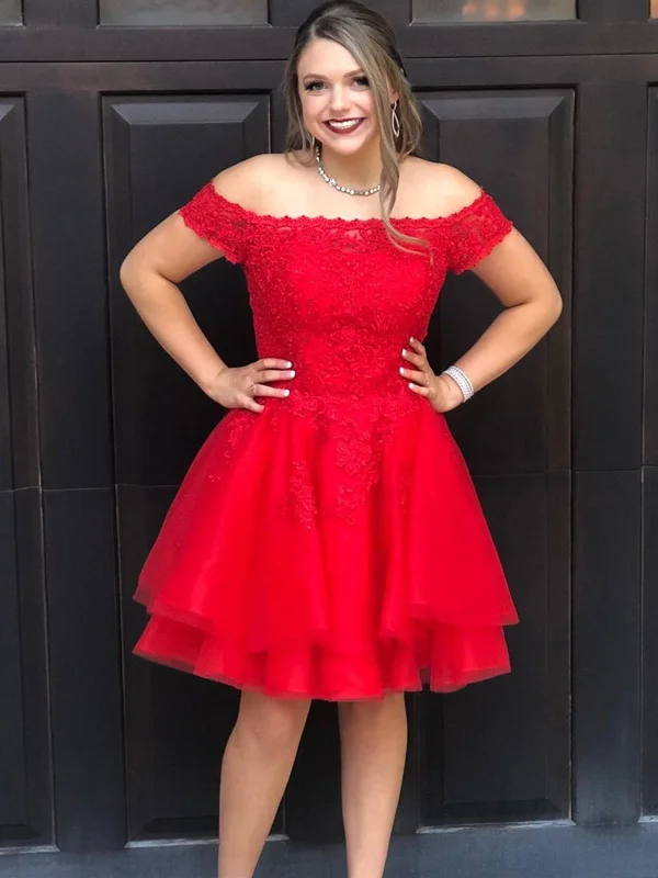 sweetheart-neck party dressesOff the Shoulder Layered Red Lace Short Prom Homecoming Dresses, Off Shoulder Red Formal Dresses, Red Lace Evening Dresses SP2070