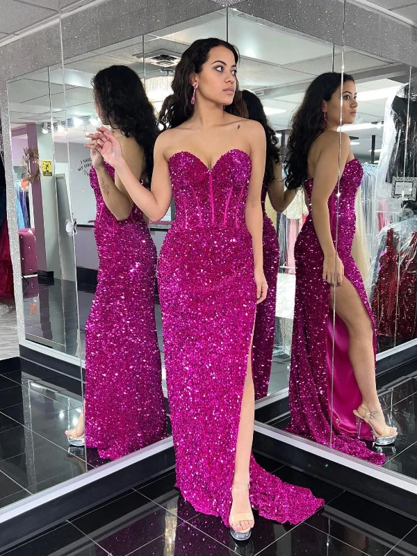 silk party dressesShiny Sequins Strapless Mermaid Fuchsia Long Prom Dresses with High Slit, Mermaid Fuchsia Formal Dresses, Fuchsia Evening Dresses SP2549