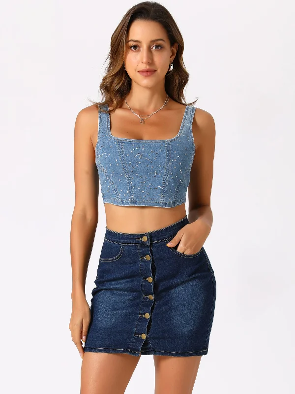 tank tops for womenDenim Sleeveless Glitter Bustier Jean Cropped Tank Top