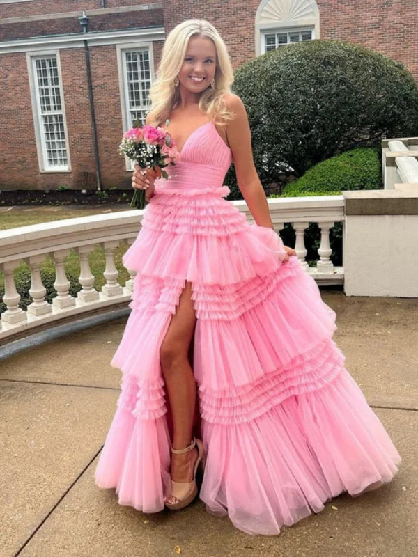 flutter-sleeve party dressesGorgeous V Neck Layered Pink Tulle Long Prom Dresses with High Slit, Long Pink Tulle Formal Evening Dresses SP2661