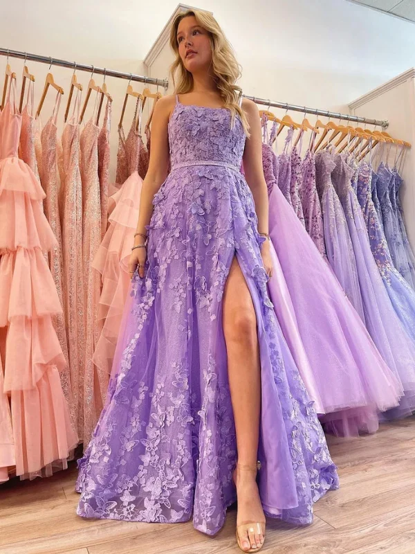 long party dressesOpen Back Purple Lace Long Prom Dresses with High Slit, Purple Formal Evening Dresses with Lace Appliques SP2617