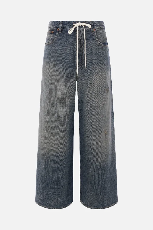 women's denim jeans with embroiderywide-leg denim jeans with drawstring