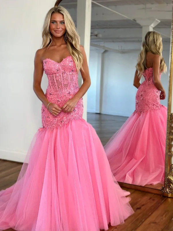 spaghetti-strap party dressesGorgeous Strapless Mermaid Pink Lace Floral Long Prom Dresses, Mermaid Pink Formal Evening Dresses, Pink Lace Ball Gown SP2547