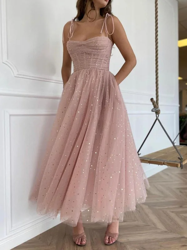 lace-up party dressesSpaghetti Straps Sequins Pink Tea Length Prom Dresses, Shiny Sequins Pink Homecoming Dresses, Pink Formal Evening Dresses