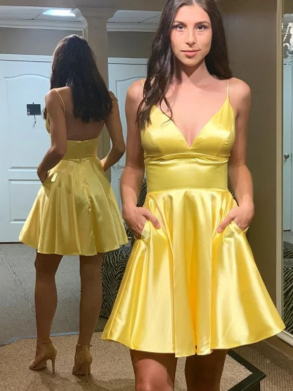 plus-size friendly party dressesSimple V Neck Backless Yellow Satin Long Prom Homecoming Dresses, Backless Yellow Formal Graduation Evening Dresses