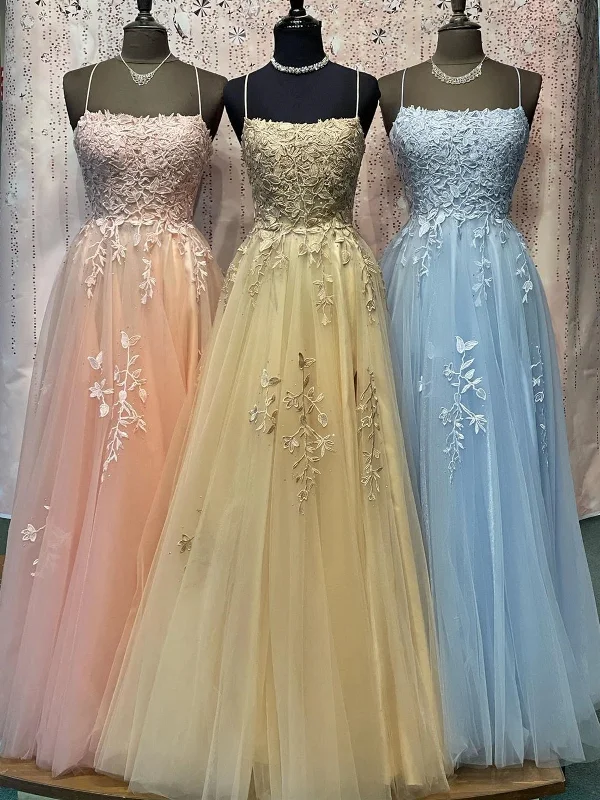 chiffon party dressesElegant Spaghetti Straps Beaded Pink/Champagne/Blue Lace Tulle Long Prom Dresses, Pink/Champagne/Blue Lace Formal Graduation Evening Dresses SP2353