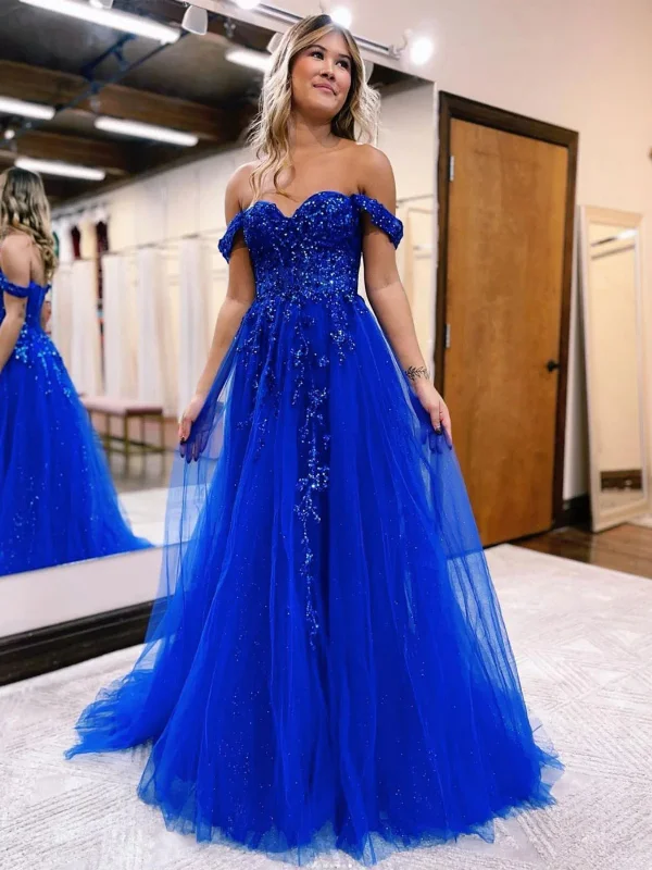 mini party dressesShiny Off Shoulder Blue Lace Sequins Long Prom Dresses, Off the Shoulder Blue Formal Dresses, Blue Lace Evening Dresses SP2553