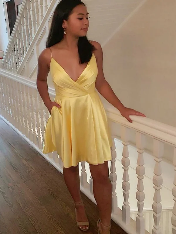 Halloween party dressesCute V Neck Yellow Satin Short Prom Dresses Homecoming Dresses, V Neck Yellow Formal Graduation Evening Dresses