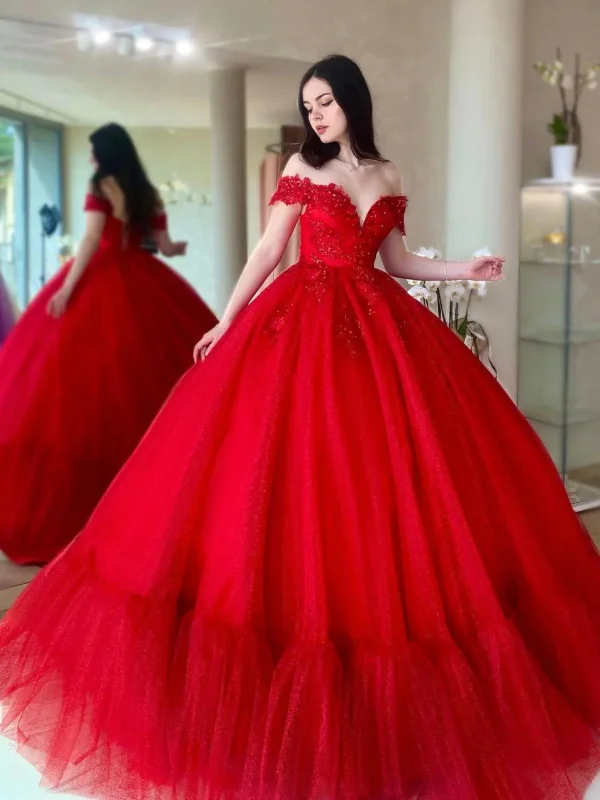 leather party dressesGorgeous Off Shoulder Beaded Red Tulle Long Prom Dresses, Red Formal Evening Dresses, Beaded Ball Gown SP2561