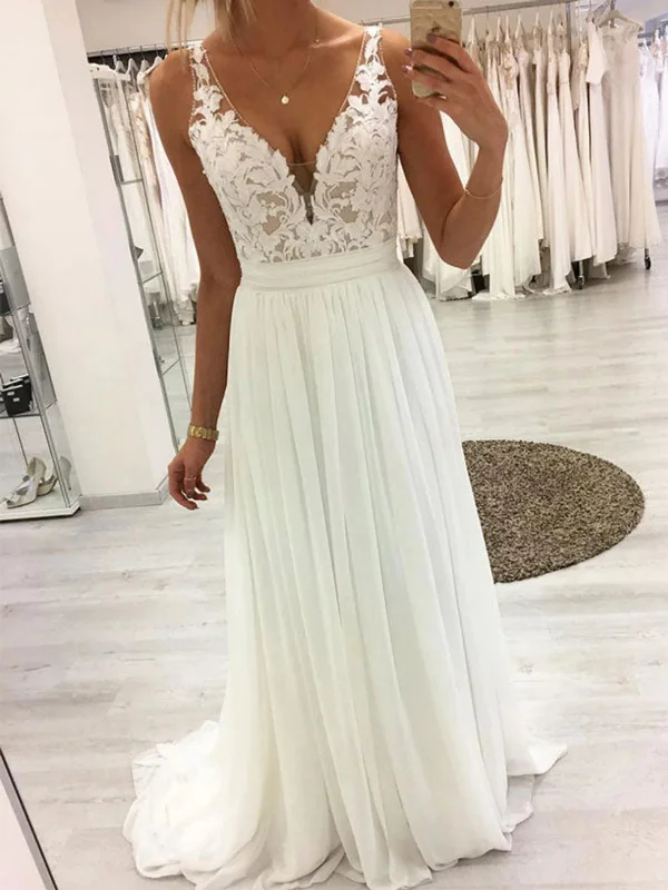 casual party dressesV Neck Chiffon White Lace Long Prom Dresses, White Lace Formal Dresses, White Evening Dresses SP2503