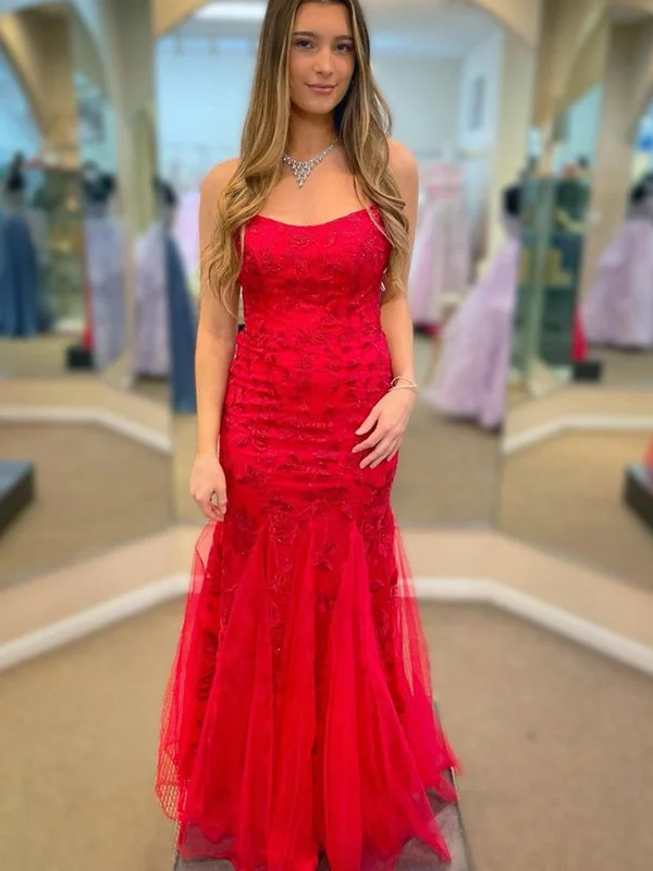 figure-flattering party dressesMermaid Backless Red Lace Long Prom Dresses, Mermaid Red Formal Dresses, Red Lace Evening Dresses SP2347