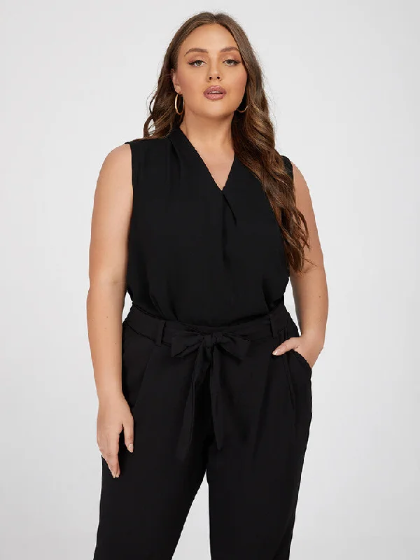 women's tops for those who want to show off their figure in a flattering wayPlus Black V Neck Pleated Tank Top