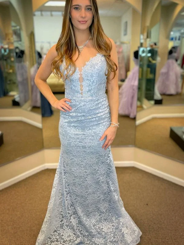 short party dressesMermaid V Neck Light Blue Lace Long Prom Dresses, Light Blue Lace Formal Dresses, Mermaid Light Blue Evening Dresses SP2372