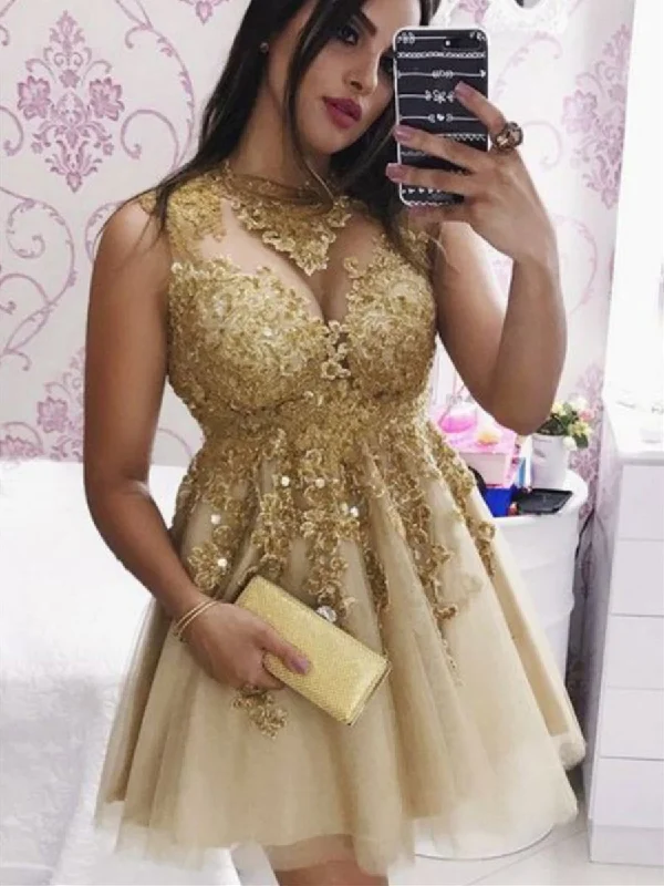 winter party dresses (with tights)Sparkly Golden Lace Appliques Short Prom Dresses Homecoming Dresses, Golden Lace Formal Graduation Evening Dresses