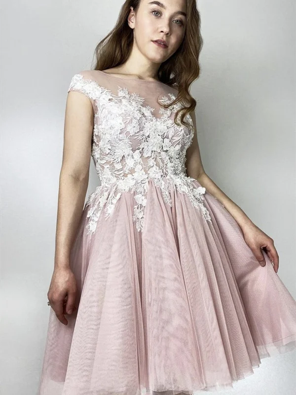 tall party dressesCap Sleeves Round Neck Short Pink Lace Prom Dresses, Pink Lace Homecoming Dresses, Pink Short Formal Graduation Evening Dresses