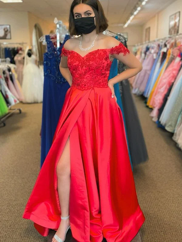 statement-making party dressesOff Shoulder Red Lace Long Prom Dresses with High Slit, Red Lace Formal Dresses, Red Evening Dresses SP2379