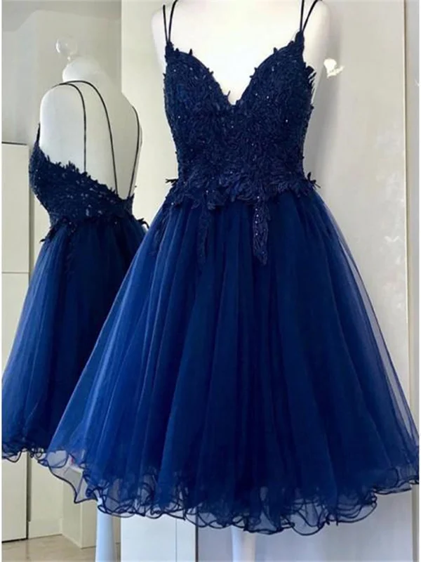 minimalist party dressesV Neck Backless Navy Blue Lace Prom Dresses, Short Navy Blue Lace Homecoming Dresses, Navy Blue Formal Evening Dresses