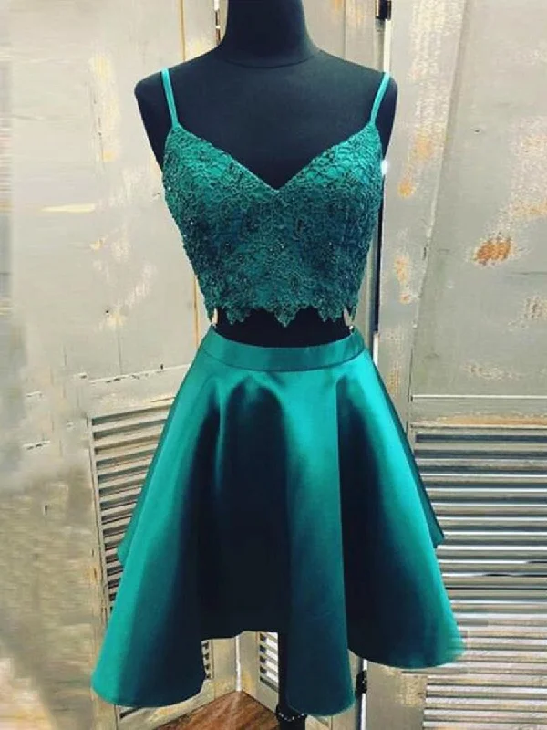 birthday party dressesA Line V Neck Two Pieces Lace Green Short Prom Dresses Homecoming Dresses, Two Pieces Green Lace Formal Graduation Evening Dresses