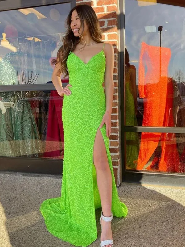 themed party dressesV Neck Mermaid Mint Green Sequins Long Prom Dresses with High Slit, Mint Green Sequins Formal Graduation Evening Dresses SP2600