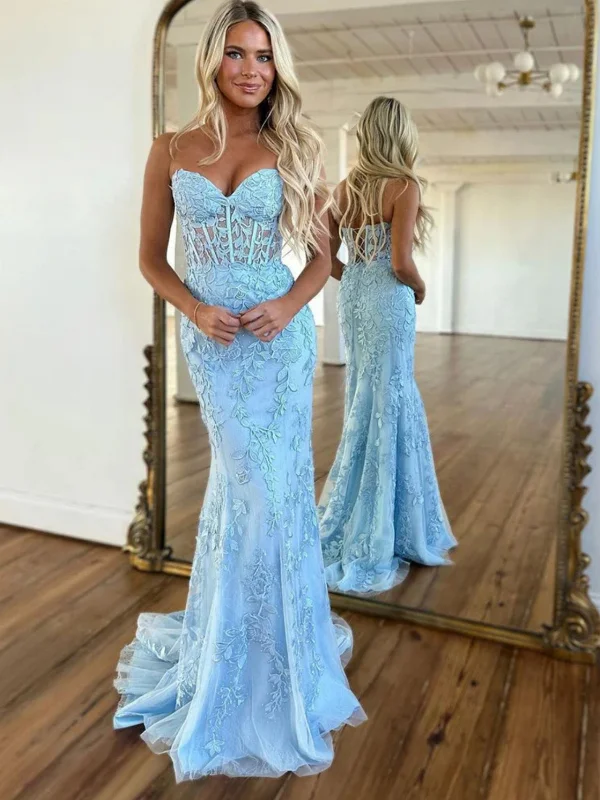 animal print party dressesStrapless Mermaid Light Blue Lace Long Prom Dresses, Light Blue Lace Formal Graduation Evening Dresses SP2577