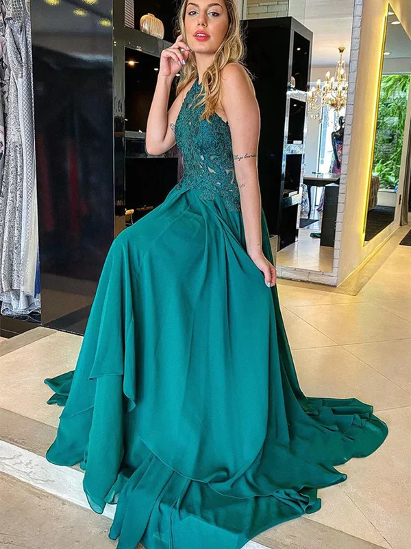 polyester party dressesHalter Neck Open Back Green Lace Long Prom Dresses, Green Chiffon Lace Formal Graduation Evening Dresses SP2351