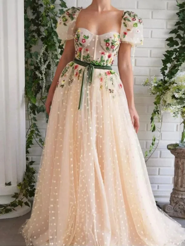 bold color party dressesCap Sleeves Floral Champagne Long Prom Dresses, Long Champagne Formal Graduation Evening Dresses With 3D Flowers SP2643