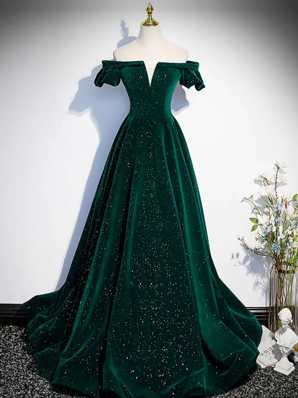 spring party dressesV Neck Off Shoulder Green/Black/Burgundy Velvet Long Prom Dresses, Green/Black/Burgundy Velvet Formal Graduation Evening Dresses SP2648