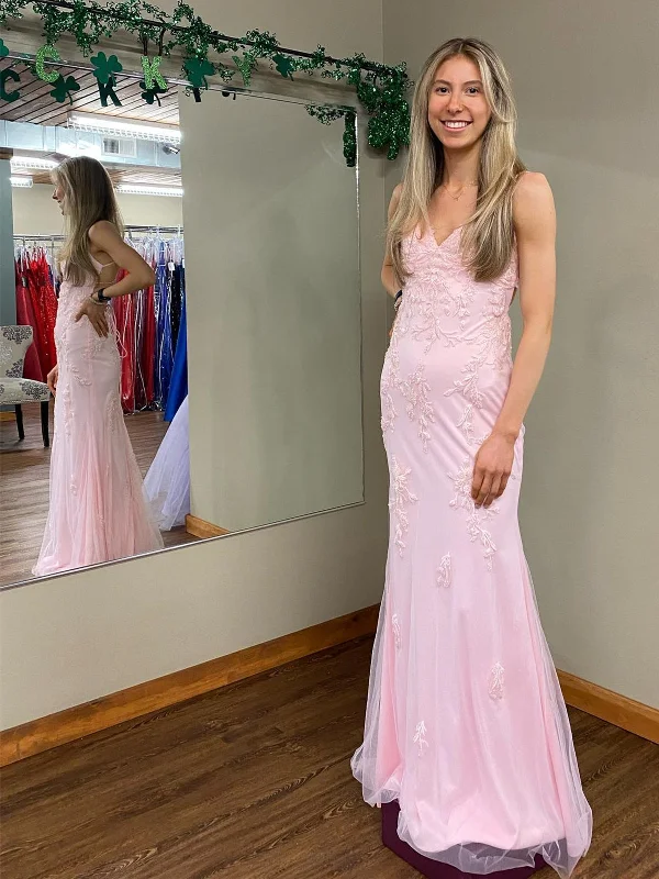 sustainable party dressesV Neck Open Back Mermaid Pink Lace Appliques Long Prom Dresses, Mermaid Pink Formal Dresses, Pink Lace Evening Dresses SP2397