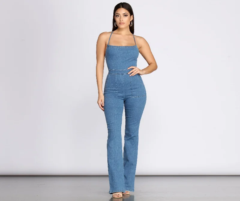 women's jumpsuits with spaghetti strapsJumping To Conclusions Denim Jumpsuit