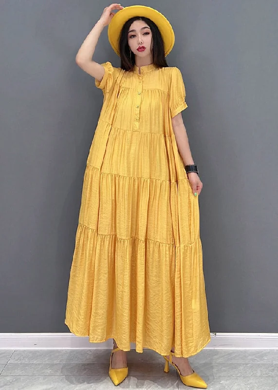 maxi dresses with pleatsCasual Yellow Stand Collar Patchwork Button Maxi Dresses Short Sleeve