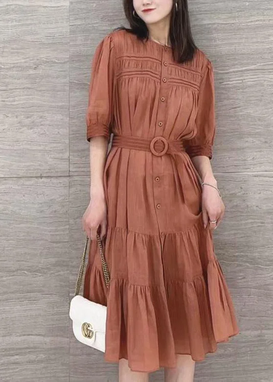 cotton maxi dressesSolid Color Stand Collar Puff Sleeve Belted Pleated Shirt Maxi Dress Orange