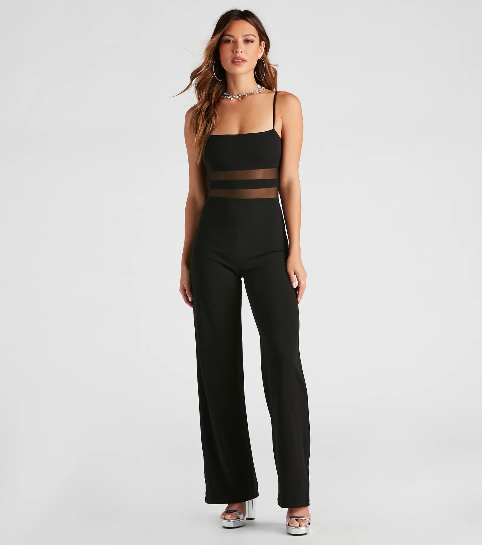 women's jumpsuits with spaghetti strapsAll An Illusion Mesh Stripe Jumpsuit