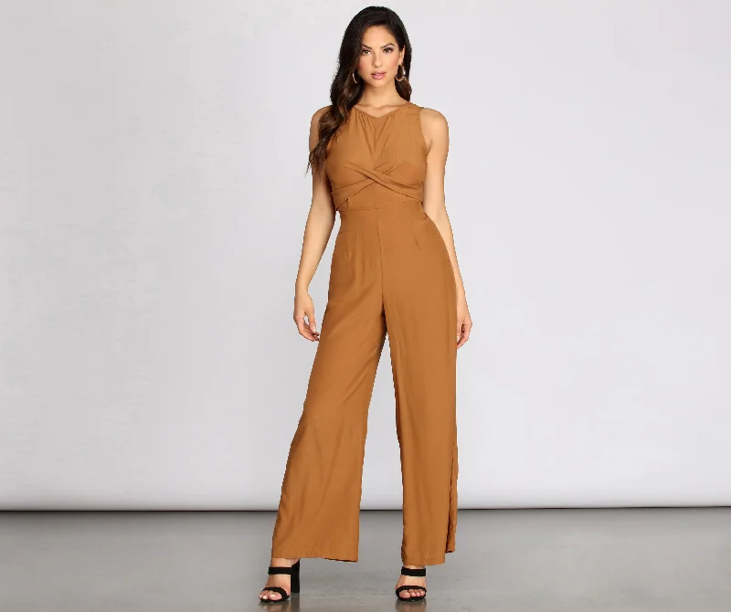 women's jumpsuits with solid colorsTwist Front Tie Back Jumpsuit