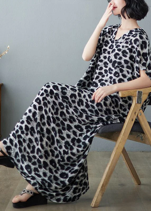 maxi dresses with high necklinesItalian Grey Leopard Print Oversized Linen Maxi Dress Summer