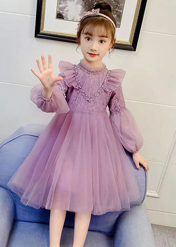 maxi dresses with appliquésFine Purple Ruffled Lace PatchworkNail Bead Tulle Girls Maxi Dresses Fall