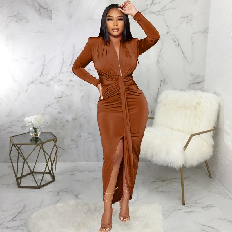 midi dresses for curvesWomen Long Sleeve Deep V-neck Draped High Waist High Split Asymmetrical Bodycon Midi Maxi Dress