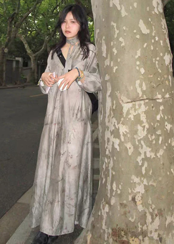 maxi dresses with pleatsElegant Grey V Neck Print Patchwork Silk Holiday Maxi Dress Long Sleeve