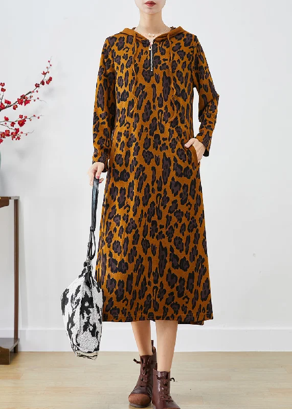 maxi dresses with appliquésBoutique Hooded Leopard Print Cotton Maxi Dress Fall