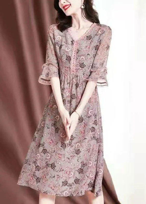 chiffon maxi dressesDIY Pink V Neck Lace Patchwork Print Chiffon Maxi Dresses Summer