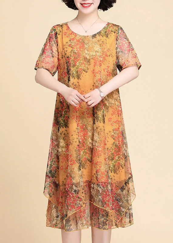 floral maxi dressesCasual Yellow Print Chiffon Maxi Dress Summer