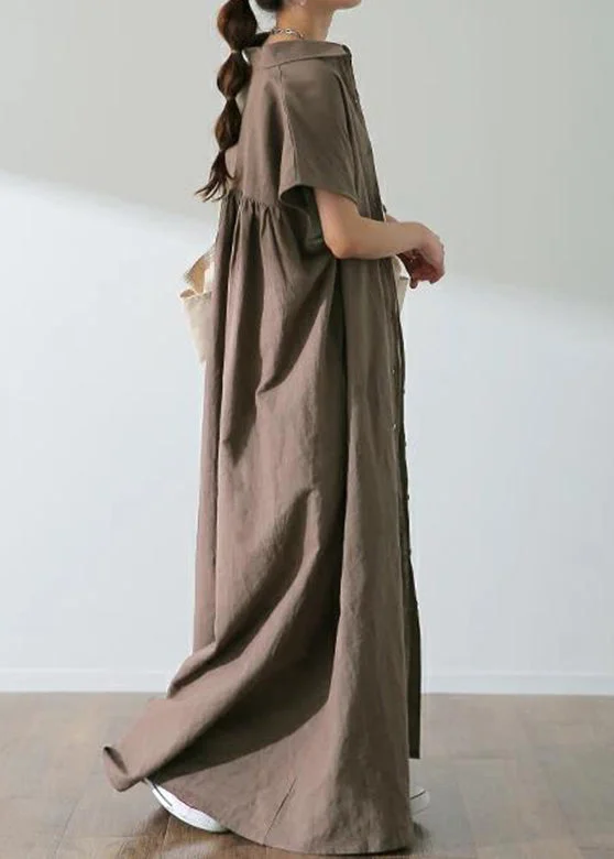 maxi dresses for day-to-night wearSolid Button Lapel Ruched Short Sleeve Maxi Shirt Dress Coffee