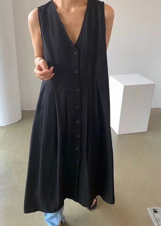 maxi dresses for weddingsBrief Black V Neck Wrinkled Cotton Maxi Dresses Summer