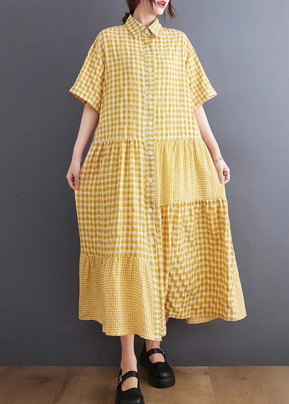 maxi dresses with sleevesBoutique Yellow Peter Pan Collar Plaid Maxi Dresses Summer