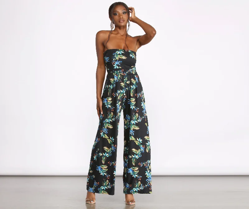 women's jumpsuits for sustainable fashionTropical Floral Sleeveless Wide Leg Jumpsuit