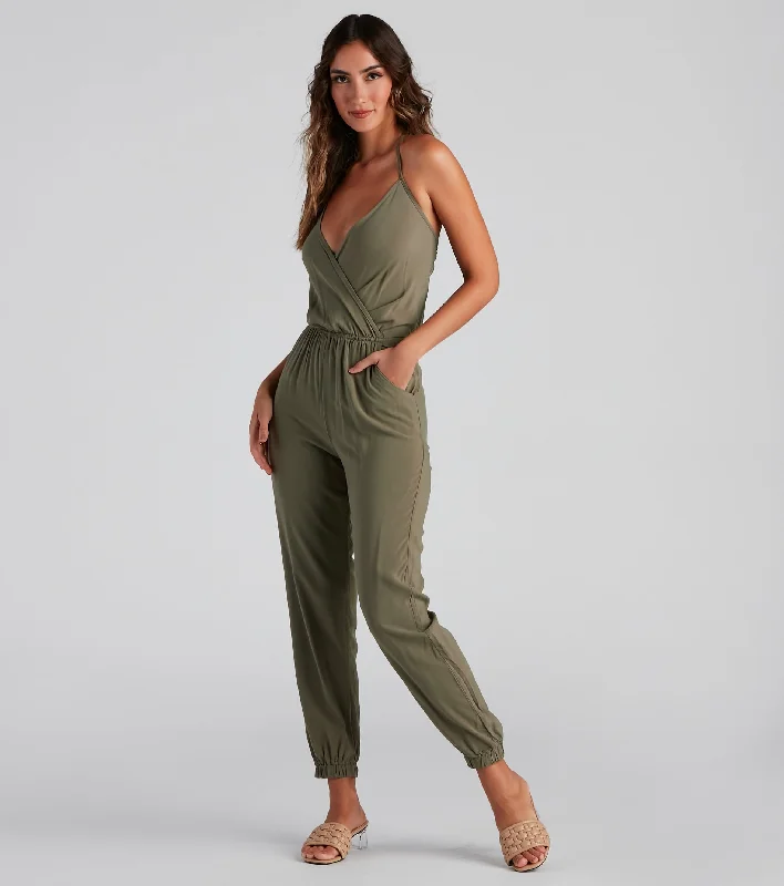 women's jumpsuits with metallic finishesPlunging Into Basics Surplice Jumpsuit