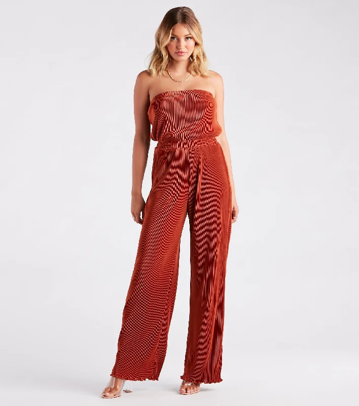 women's jumpsuits for lightweight designsHere To Play Satin Strapless Pleated Jumpsuit