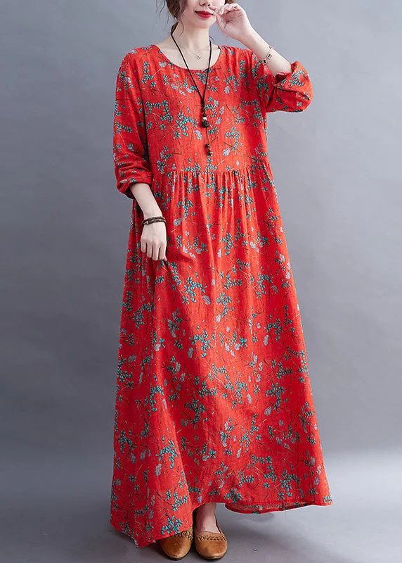 maxi dresses for womenNatural Red O-Neck Print Maxi Dress Long Sleeve