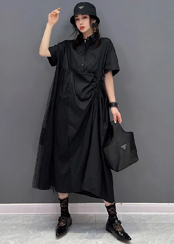 maxi dresses with cinched waistsChic Black Peter Pan Collar Cinched Button Tulle Patchwork Maxi Dresses Short Sleeve